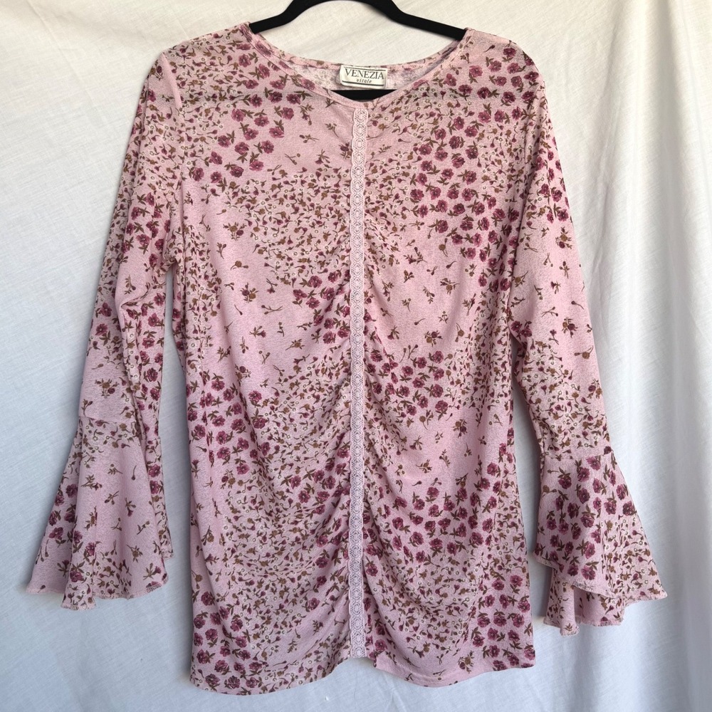Y2K Venezia Blouse Pink Floral Ruched Lace Trim Bell Sleeve CottagecoreMedium